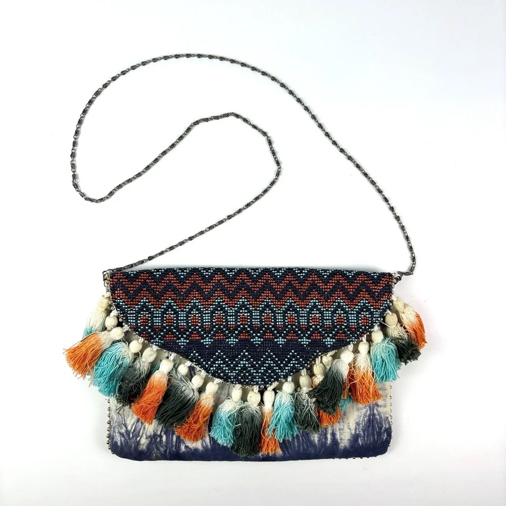 Steve Madden Josa Tassel & Bead Clutch Navy Coral Turquise Metal Strap Boho Fest